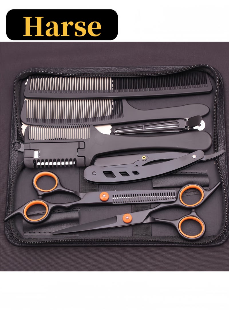 Harse 9 Piece Professional Hair Cutting Tool Set with 6-Inch Scissors, Thinning Scissors, Razor and Combs - Image 1